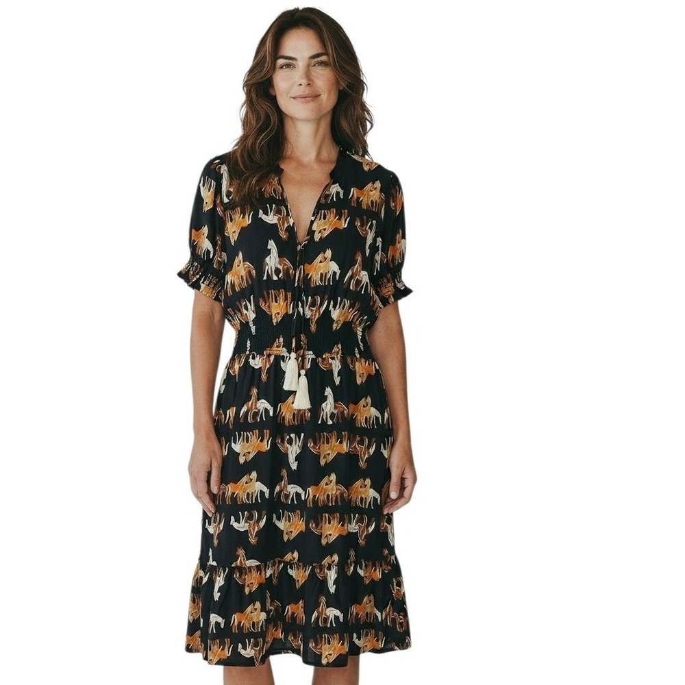 THML Equestrian Horse Western Women size Medium Smocked Puff Sleeve Tassel Dress